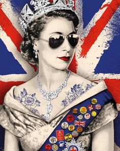 an image of queen elizabeth in front of the british flag with sunglasses on her head