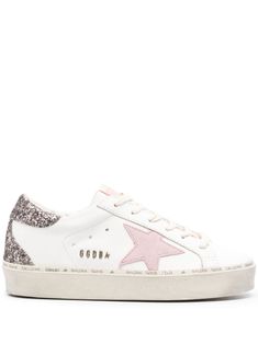 white light pink calf leather glitter detailing signature star patch to the sides perforated detailing contrasting heel counter logo patch at the tongue logo at the sole tonal stitching round toe front lace-up fastening branded leather insole flatform sole This piece comes complete with a protective dust bag. Hi Star Golden Goose, High Top Shoes For Women, Pink Golden Goose, Golden Goose Glitter, Golden Goose Hi Star, Goose Sneakers, Glitter Sneakers, Golden Goose Sneakers, Shoe Inspo