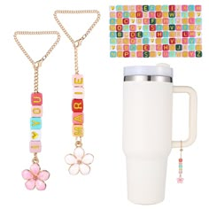 three different items including a coffee cup, flower and chain