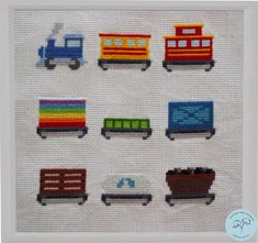 the cross stitch pattern shows different types of train cars and carriages, as well as their colors