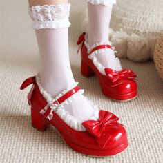 Woman Med Heel Lolita Shoes Patent Leather Cute Bow Mary Jane Pumps Bride Wedding Cosplay Party Red