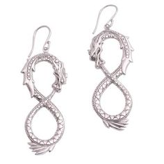 Magnificent dragons curve their bodies into infinity symbols in these striking dangle earrings. With intricate detail artisan Dewa Arimbawa handcrafts each earring from sterling silver. Silver Dragon, Electronics Jewelry, Silver Dangle Earrings, Sterling Silver Cuff Bracelet, Sterling Silver Dangle Earrings, Sterling Silver Cuff, Jewelry Online Shopping, Silver Cuff Bracelet, Contemporary Jewelry