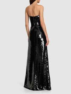 Concealed side zip closure. All over embroidered sequins. Model is wearing a size40 Long Satin Dress, Strapless Long Dress, Satin Dress Long, Oversized Dress, Satin Gown, Dress Home, Alberta Ferretti, Maxi Dress Blue, Shearling Jacket