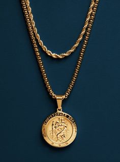 Saint Christopher Necklace, Men's Necklace Gold, Necklace Set Gold, St Christopher Necklace, St Christopher Medal, Mens Gold Jewelry, St Christopher, Gold Rope Chains