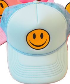 Casual Smiley Face Hat With Curved Brim, Blue Cap As A Gift, Blue Cap As Gift, Blue Cap Hat As A Gift, Fun Adjustable Brimmed Trucker Hat, Trendy Smiley Face Cap, Casual Smiley Face Snapback Hat, Trendy Smiley Face Hat With Curved Brim, Playful Blue Hat As A Gift