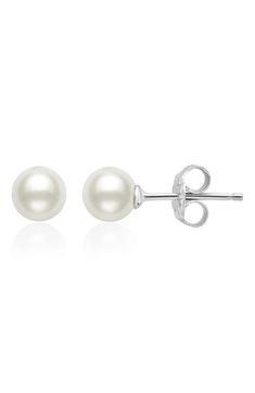 Cultured pearls make for timeless stud earrings that always brighten your look. 1/4" diameter Pearl size: 5–5.5mm Hypoallergenic Cultured pearl/sterling silver Imported Classic Pearl White Pearl Earrings With Round Beads, Classic White Gold Pearl Charm Earrings, Classic White Gold Hypoallergenic Pearl Earrings, Classic Hypoallergenic White Gold Pearl Earrings, Classic Round Pearl Earrings, Classic Sterling Silver Pearl Earrings For Anniversary, Classic White Gold Earrings With Pearl Charm, Classic Formal Earrings With Round Beads, Formal White Gold Pearl Earrings Nickel-free