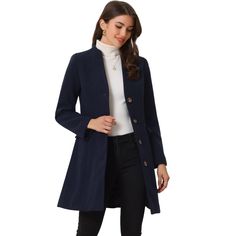 This coat is spun from soft fabric and fully lined, which is comfortable for all-day wear with big slant pockets. Pair beautifully with a range of outfits to finish your effortlessly stylish look, from top and bottom to dress. Slip into this coat on your way to work during cold mornings or add it as a comfortable layer to your everyday t-shirt and jeans. Long Sweater Coat For Workwear, Blue Winter Outerwear With Hidden Button Closure, Casual Wool Coat For Workwear, Solid Color, Long Sleeve Solid Color Wool Coat For Work, Blue Outerwear With Hidden Button Closure For Winter, Solid Color Wool Coat For Work, Chic Navy Outerwear With Button Closure, Blue Wool Coat With Button Closure, Casual Long Wool Coat Solid Color