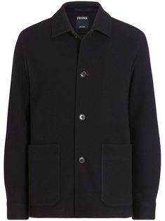 black cashmere-cotton-silk blend jersey texture classic collar long sleeves buttoned cuffs two front patch pockets English rear vents straight hem unlined