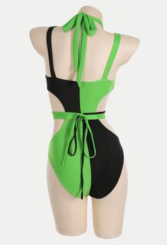 Green Menace Sexy Black and Green Buckle Decoration One-Piece Swimsuit Rave Swimwear For Summer Costume Party, Green Club Bodysuit, Black Swimwear With Contrast Color For Beach Season, Green Rave Swimwear, Black Stretch Rave Swimwear, Black Swimwear With Contrast Color For Beachwear, Black Rave Party Swimwear, Black Beachwear Swimwear With Contrast Color, Black Swimwear For Summer Costume Party