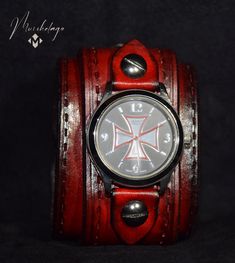 "Cross over Leather Cuff Watch, Men's handcrafted leather cuff watch with 2.2 inches wide, dyed in hot dark mahogany. The leather cuff has a snap button closure and two settings fit for small and medium-sized wrists, made of American vegetable-tanned leather and polished and finished with the waxed top coat to give it a vintage look. Item includes watch face and is removable and interchangeable. Upon request can be made to your size in a different color of your choice. Completely handmade using Leather Watch Cuff, Awesome Watches, Dark Mahogany, Cuff Watch, Leather Watch Bands, Leather Cuffs, Handcrafted Leather, Vegetable Tanned Leather, Top Coat