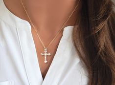 "CROSS NECKLACE FOR WOMEN - CHRISTIAN NECKLACE This Cross Necklace is made from 14K gold filled or sterling silver and comes with your choice of three different chains. Description: ✦ Your choice of 14K Gold Filled or Sterling Silver Chains ✦ Gold Filled or Sterling Silver Cross - 27mm x 15.5mm  ✦ Necklace is shown at 17\"  WHY YOU'LL LOVE IT * Because handmade = made with love, care, and thought. * Ethically Sourced * Comes beautifully gift boxed * Crafted with care from sunny South Florida.  HAPPINESS GUARANTEE: We stand by our jewelry and want you to love it too! GIFTS 🎁 All orders are sent packaged in a jewelry box - ready to be gifted! Upon request, we can also include a note card with your own personal message. * In an effort to be greener and to keep shipping costs down, your order Elegant Jewelry For First Communion, White Cross Necklace For Wedding With Cross Pendant, Elegant Crucifix Cross Necklace For First Communion, White Cross Pendant Necklace For Wedding, Personalized Elegant Crucifix Cross Necklace, Silver Classic Jewelry For Baptism, Classic Silver Jewelry For Baptism, Dainty White Jewelry For Baptism, Elegant White Cross Necklace For Wedding