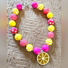 Brand New Toddler Girl Rasberry Lemonade Bubble Gum Necklace, Chunky Necklace. Casual Yellow Round Bead Necklaces, Cute Party Necklaces For Summer, Cute Summer Party Necklaces, Playful Pink Necklace For Summer, Yellow Necklaces For Summer Gifts, Cute Adjustable Yellow Necklace, Playful Pink Summer Necklace, Playful Pink Summer Necklaces, Cute Adjustable Yellow Necklaces