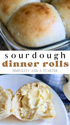 a close up of bread rolls on a plate with the words sourdough dinner rolls simplily and a starter