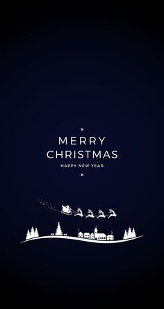 a merry christmas card with santa's sleigh flying over the city at night