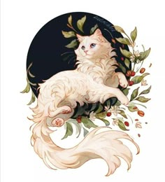 a white cat sitting on top of a flowery branch next to a black circle