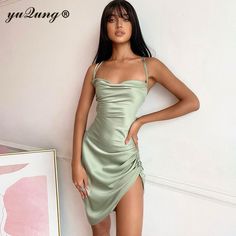 Yuqung Women Satin Backless Lace Up Strap Ruched Drawstring Mini Dress Sexy Faux Silk Strapless Suspender Dress, Dress Spaghetti, Mini Slip Dress, Dress Satin, Satin Mini Dress, Mini Cocktail Dress, Dress Silhouette, Looks Vintage, Casual Look