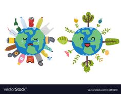 two cartoon earths with different types of trash and garbage around them on white background