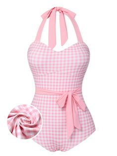 Pink 1940s Plaid Halter One-Piece Swimsuit | Retro Stage Pink Retro Stretch Swimwear, Kawaii Swimsuit Bikinis, 1960s Swimwear, Barbiecore Summer, 80s Swimsuit, Danganronpa Oc, Pink One Piece Swimsuit, Retro One Piece Swimsuits, Retro Stage