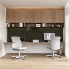 two white chairs sitting in front of a desk