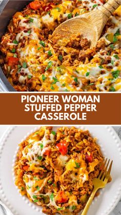 two pictures with different types of food in them and the words, pinter woman stuffed pepper casserole