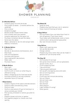 the wedding checklist is shown with flowers on it and text that says, shower planning