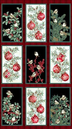 christmas ornaments on black and red background with white birds, holly branches and pomegranates