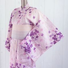 Japanese Yukata Kimono - Pink and Purple Lilac in Pink Pink Kimono For Spring Wedding, Spring Wedding Pink Kimono, Traditional Pink Kimono For Spring, Pink Kimono For Tea Ceremony, Pink Kimono With Kimono Sleeves For Tea Ceremony, Traditional Pink Summer Kimono, Spring Purple Floral Print Kimono, Purple Floral Print Kimono For Spring, Pink Summer Wedding Kimono