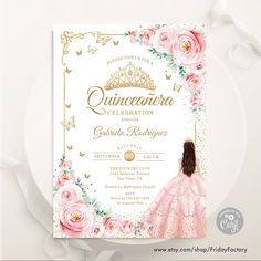 a princess themed birthday party with pink roses and gold foil on the front, white background