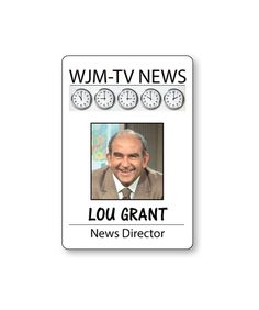 a badge for lou grant news director with clocks in the background and text that reads wum - tv news