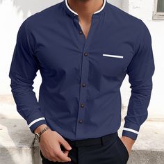 Season:Spring  Summer; Function:Moisture Wicking,Breathable; Fabric:Cotton Blend; Sleeve Length:Long Sleeve; Look After Me:Wet and Dry Cleaning,Washable; Gender:Men's; Style:Smart Casual,Comfortable,Fashion,Casual; Tops Type:Shirt,Button Up Shirt,Dress Shirt; Occasion:Going out,Daily,Wedding,Vacation; Pattern:Patchwork; Design:Front Pocket; Neckline:Standing Collar; Listing Date:12/21/2023; Bust:; Length:; Shoulder Width:; Sleeve: Slim Fit Blue Shirt With Buttons, Blue Slim Fit Shirt With Buttons, Blue Slim Fit Shirt, Blue Slim Fit Dress Shirt With Buttons, Slim Fit Blue Dress Shirt With Button Closure, Fitted Light Blue Shirt With Pockets, Light Blue Fitted Shirt With Pockets, Blue Business Shirt With Pockets, Business Blue Shirt With Pockets