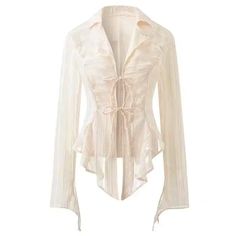 fairycore lace up shirt boogzel clothing Korean Fashion Chic, Lace Up Blouse, Tops Korean, Crop Pullover, Spring Blouses, Laced Up Shirt, Chiffon Fashion, Sheer Shirt, Collars For Women