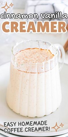 an ice creamer is sitting on a plate with the words cinnamon vanilla cremer