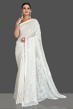 Beautiful off-white Lucknowi chikankari georgette saree is a beautiful choice for parties and festive occasions. It comes with a matching blouse piece. Disclaimer: The shown stitched blouse on the model is for display purpose only. The saree comes with a matching blouse piece and finished with fall and piko. Lucknowi Chikankari, Fashion Journals, Indian Saree, Traditional Fabric, Georgette Saree, Saree Online, Georgette Sarees, Pure Silk Sarees, Indian Sarees