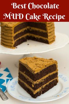 two slices of chocolate cake on plates with the words best chocolate mud cake recipe