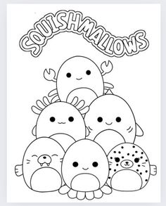 an adult coloring page with five small penguins and the words sushimalows