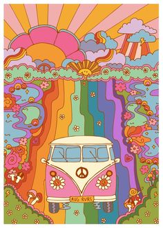 an image of a vw bus in front of a rainbow sky with clouds and sunflowers