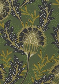 a green and black floral pattern with dots on the bottom half of it, in full bloom