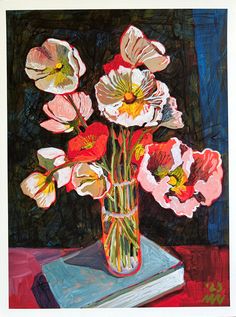 a painting of flowers in a vase on top of a book