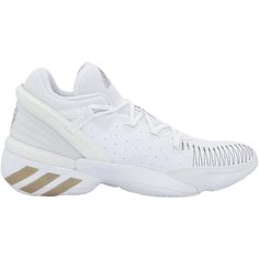 the adidas basketball shoe is white with gold stripes on the upper and bottom part