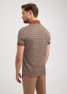 Retro Geo Jacquard Polo Toffee - Calibre Menswear Brown Fitted Jacquard Knit Top, Fitted Brown Jacquard Knit Top, Tuxedo Pants, Jacquard Knit, Egyptian Cotton, Short Jacket, Collar And Cuff, Toffee, Dress With Boots