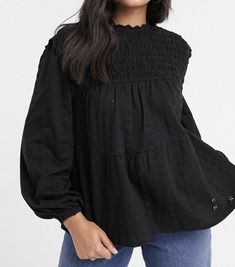 ASOS DESIGN TIERED BLACK SMOCK TOP WITH LONG SLEEVES~ SIZE 8~NWOT #ASOS #Tiered Long Sleeve Smocked Top With Ruffles For Fall, Long Sleeve Ruffled Smocked Top For Fall, Trendy Long Sleeve Smocked Top For Fall, Long Sleeve Smocked Top For Spring, Black Top With Ruffles And Lantern Sleeves, Black Long Sleeve Blouse With Ruffles, Black Ruffled Long Sleeve Blouse, Fitted Long Sleeve Smock Blouse, Fitted Long Sleeve Smocked Blouse