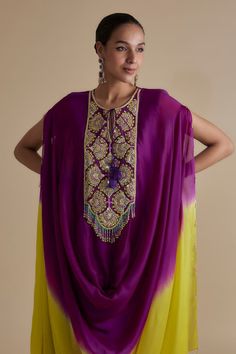 Purple ombre kaftan dress with multicolor sequin, bead, cutdana embroidery in floral pattern on yoke. Paired with slip. - Aza Fashions Eid Sequin Dress With Cape Sleeves, Eid Dresses With Sequins And Cape Sleeves, Sequin Dress With Cape Sleeves For Eid, Purple Sequin Dress For Eid, Hand Embellished Silk Dress With Cape Sleeves, Purple Sequined Georgette Dress, Purple Georgette Dress With Sequins, Bollywood Dress With Cape Sleeves For Festivals, Hand Embellished Dresses For Navratri