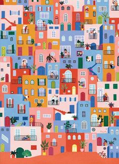 a colorful city with lots of windows and balconies