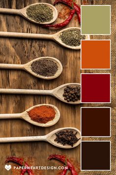 five spoons filled with different types of spices on top of a wooden table next to each other