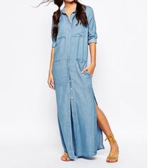 Soft Blue Denim With Full Snaps. More Like A Small-Medium. Denim Maxi Dress Indian, Denim Shirts Women, Kemeja Denim, Long Denim Dress, Long Sleeve Denim Dress, Loose Shirt Dress, Moda Do Momento, Gaun Fashion, Womens Denim Dress