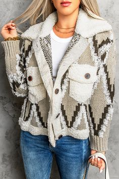 Women's Sweater Cardigan Multicolored Spliced Sherpa Collared Neck Cardigan Winter Patchwork Long Sleeve Cardigan, Winter Long Sleeve Patchwork Cardigan, Winter Patchwork Long Sleeve Sweater Coat, Winter Long Sleeve Patchwork Sweater Coat, Fall Cream Patchwork Sweater, Beige Patchwork Sweater For Winter, Beige Patchwork Cardigan For Winter, Winter Beige Patchwork Cardigan, Fall Patchwork Sweater For Cold Weather