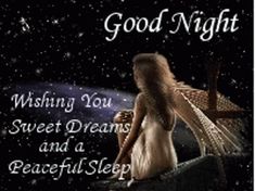 a woman standing on top of a bed under a sky filled with stars and the words, good night wishing you sweet dreams and beautiful sleep