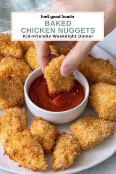 fried chicken nuggets on a white plate with ketchup in a bowl