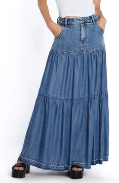 Wash Lab Denim Contrast Tiered Denim Maxi Skirt | Nordstrom Cotton Tiered Maxi Skirt With Pockets, Casual Long Skirt With Ruffle Hem, Casual Tiered Maxi Skirt With Ruffles, Casual Tiered Ruffle Maxi Skirt, Cotton Medium Wash Ruffled Skirt, Medium Wash Cotton Skirt With Ruffles, High Rise Cotton Maxi Skirt For Summer, High-rise Cotton Maxi Skirt For Summer, Denim Blue Tiered Cotton Skirt