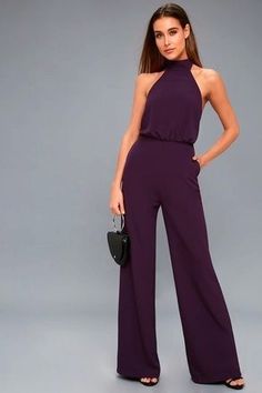 This item is suitable for events, wedding, prom and that special occasion  custom and rush order is available  we ship super super fast via dhl express  thanks and happy shopping Purple Jumpsuit Outfit, Womens Jumpsuit Outfits, Jumpsuits Styles, Jumpsuit Outfit Casual, High Neck Jumpsuit, Girly Tops, Purple Jumpsuit, Black Strapless Jumpsuit